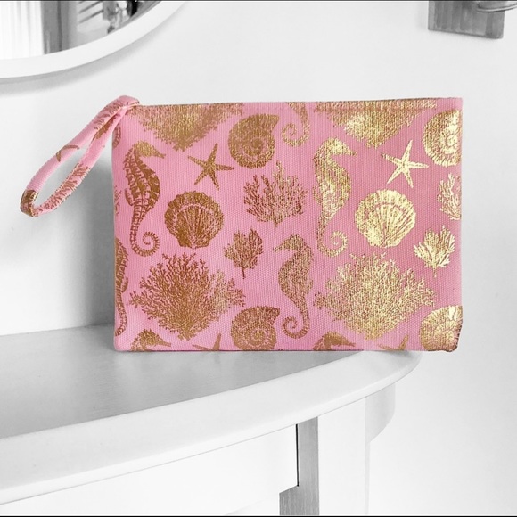 Pink and Gold Metallic Foil Print Sea Life Wristlet Clutch Zip Bag - Picture 7 of 12